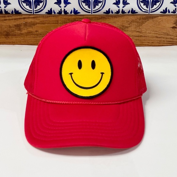Otto Smiley Face Mesh Back Adjustable Trucker Hat Red OSFM - Picture 2 of 9